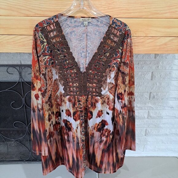 One World Plus Size 3XL Bohemian Top Blouse Tunic Multicolor Embellished - Picture 1 of 10